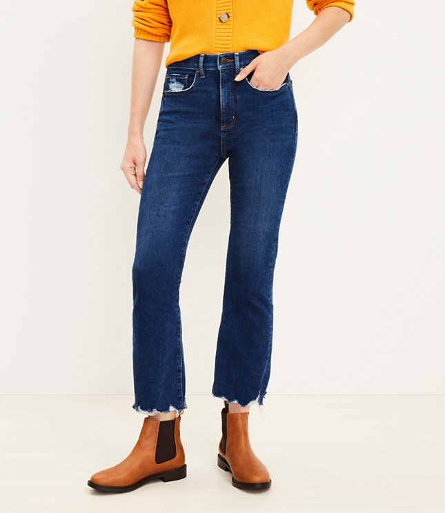 Chewed Hem High Rise Kick Crop Jeans in Destructed Mid Wash