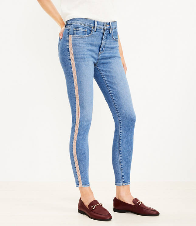 Womens jeans with hot sale stripe on side