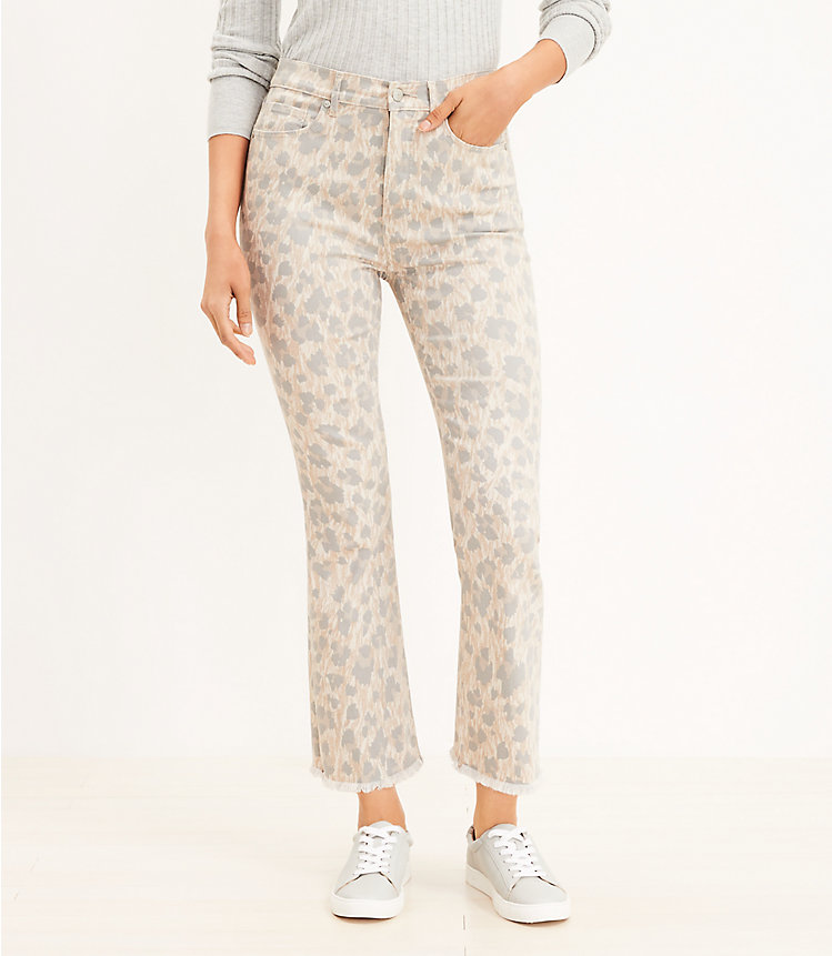 Frayed High Rise Kick Crop Jeans in Leopard Print image number 0