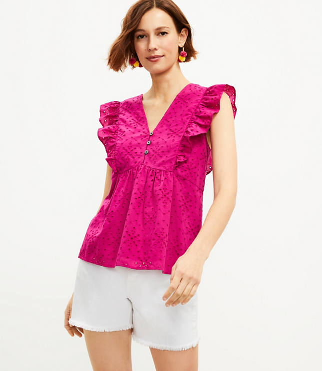 Eyelet Ruffle Henley Top - Toasted Pink