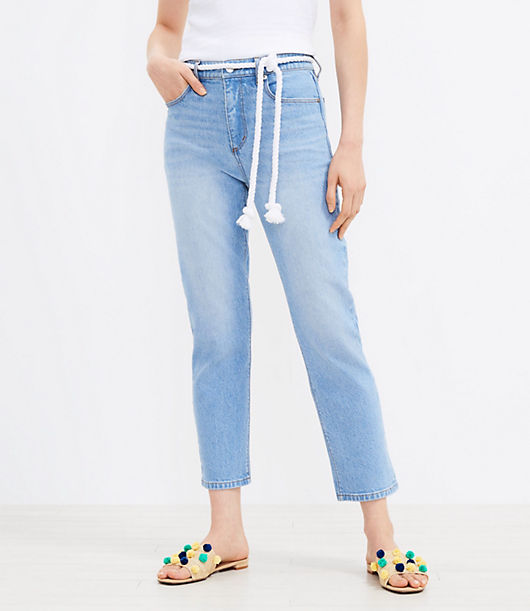 Loft Petite Tie Waist High Rise Straight Crop Jeans in Light Authentic Indigo Wash