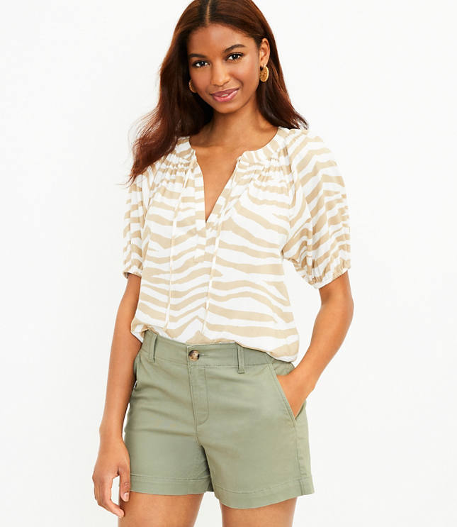 Tiger Print Tie Neck Puff Sleeve Top