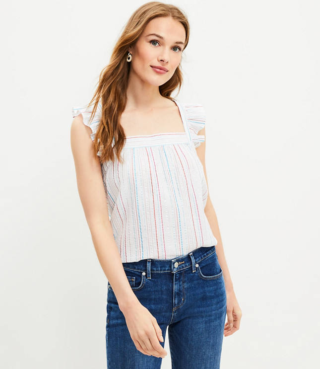 Shimmer Striped Ruffle Square Neck Top