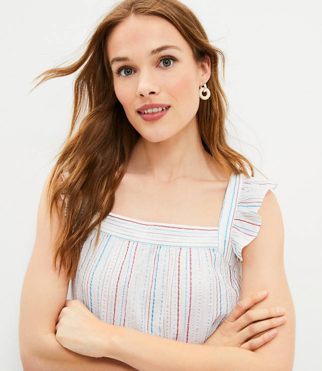 Shimmer Striped Ruffle Square Neck Top