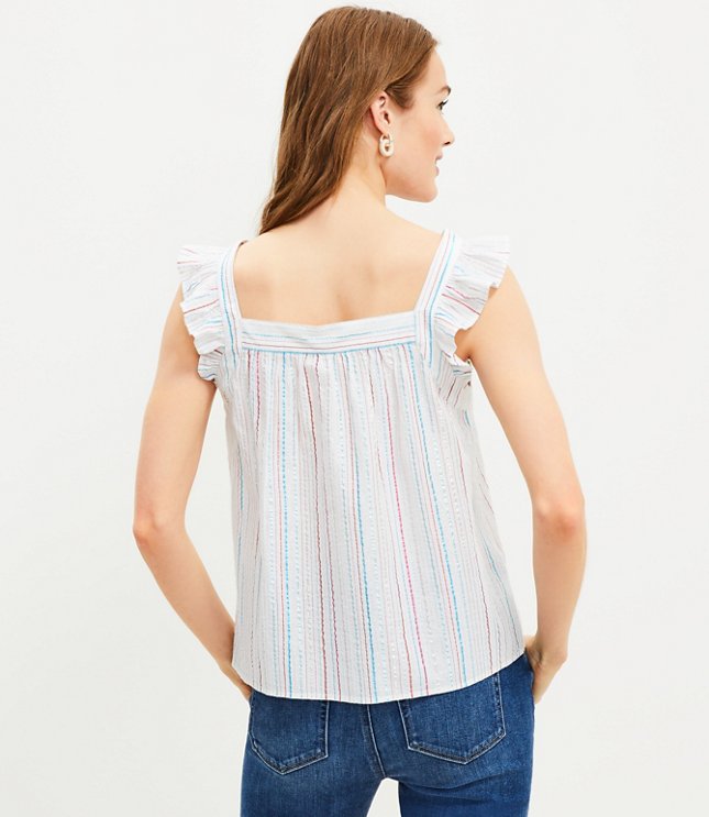 Petite Shimmer Striped Ruffle Square Neck Top