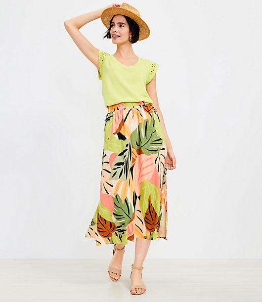 Loft Petite Palm Smocked Midi Skirt