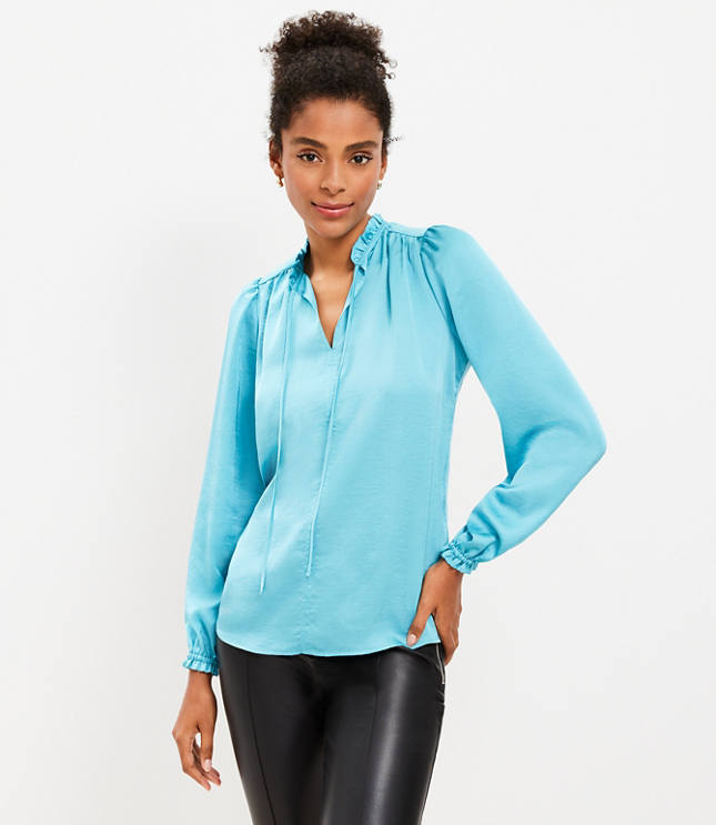 Ruffle Tie Neck Mixed Media Blouse