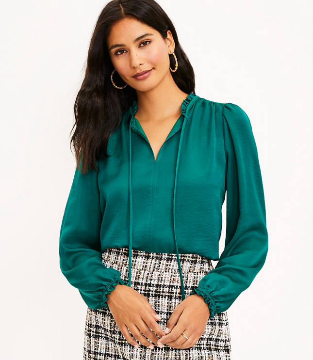 Ruffle Tie Neck Mixed Media Blouse