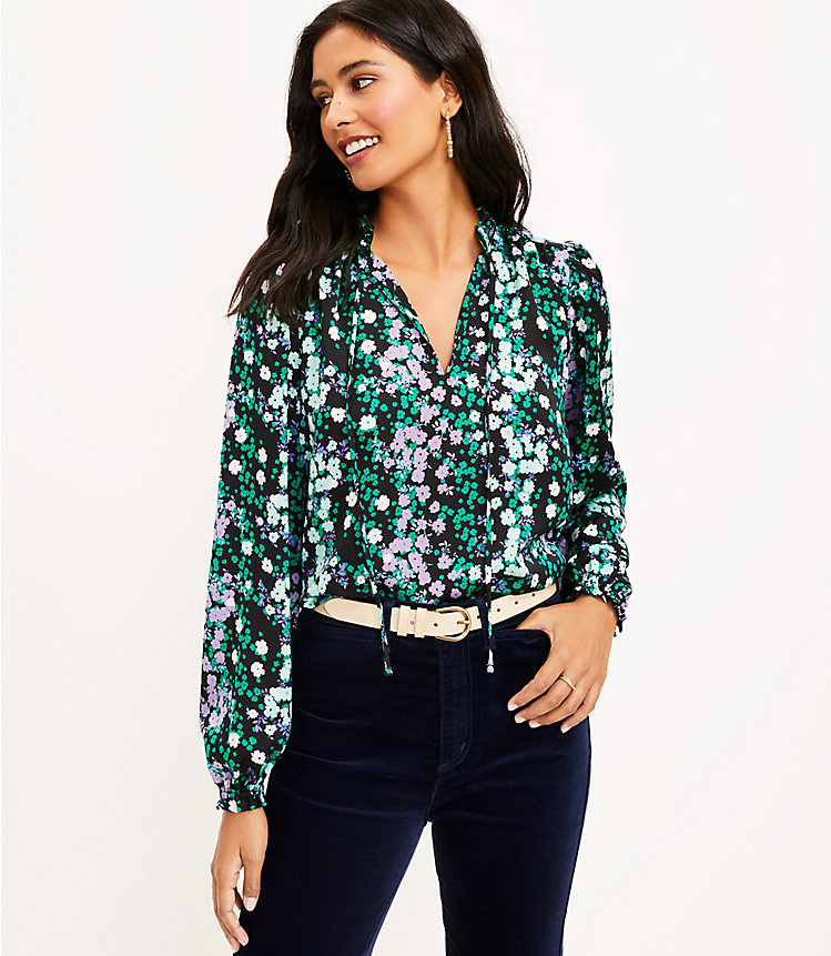 Floral Ruffle Tie Neck Mixed Media Blouse image number 0