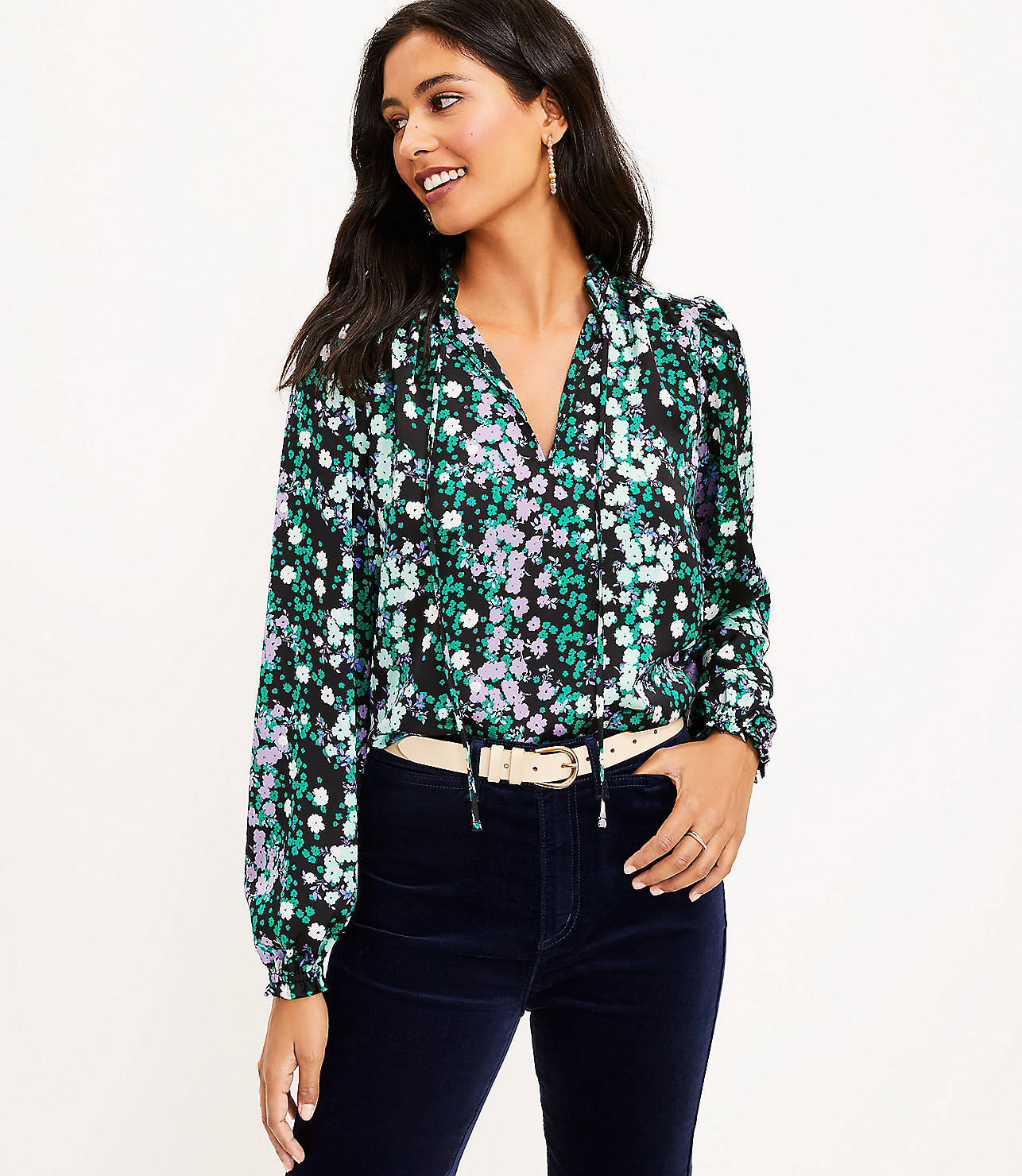Floral Ruffle Tie Neck Mixed Media Blouse