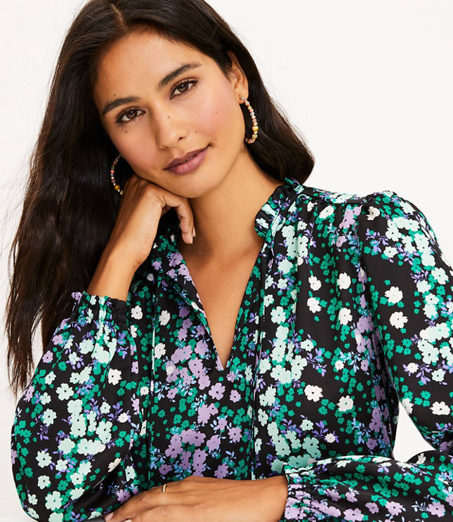 Floral Ruffle Tie Neck Mixed Media Blouse