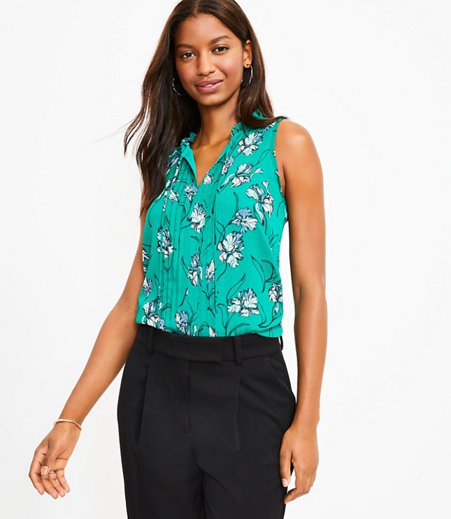 Loft Floral Pintucked Ruffle Tie Neck Shell