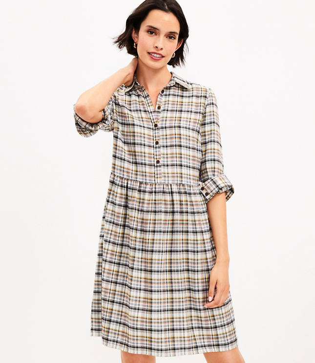 로프트 셔츠원피스 LOFT Plaid Swing Shirtdress,Winter Frost