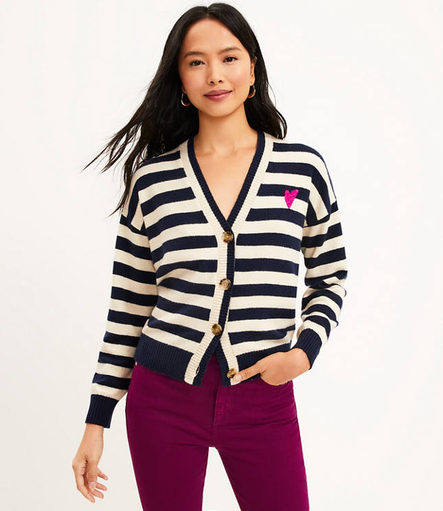 Loft Heart Stripe V-Neck Cardigan