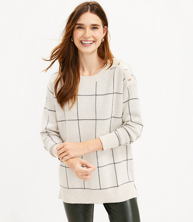 Windowpane Shoulder Button Tunic Sweater