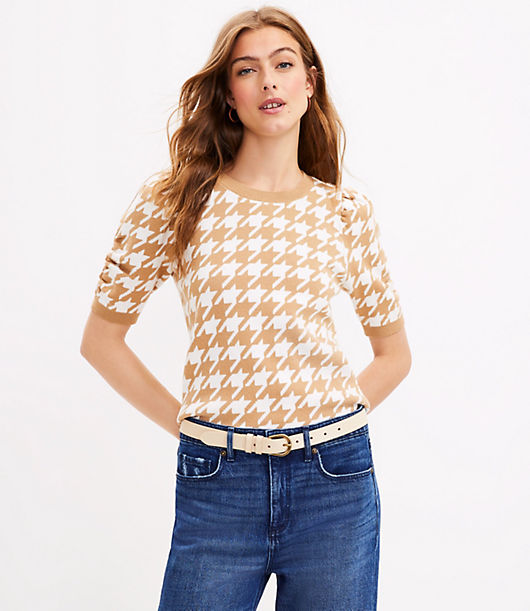 Loft Houndstooth Ruched Sleeve Sweater Tee