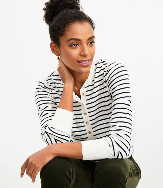 Striped Half Cardigan Henley Sweater Marshmallow