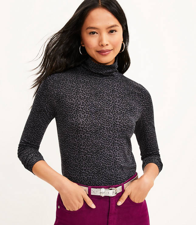 Turtleneck Top - Dark gray/leopard-print - Ladies