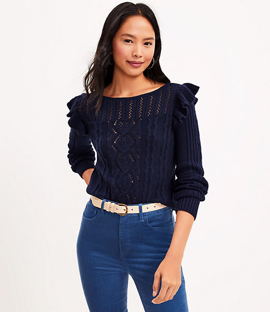 Loft Cable Shoulder Ruffle Sweater