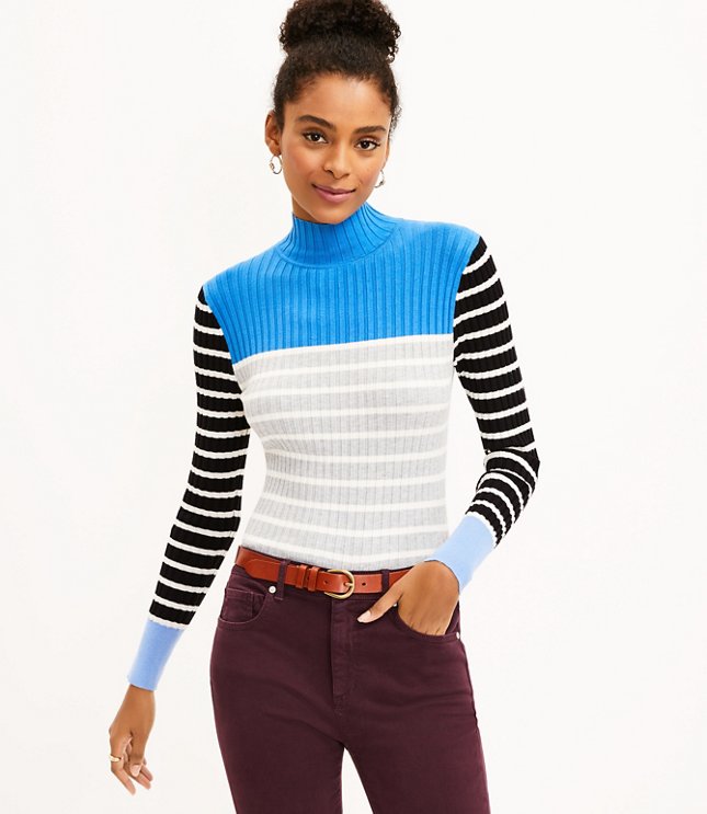 로프트 LOFT Stripe Ribbed Turtleneck Sweater,Empress Blue