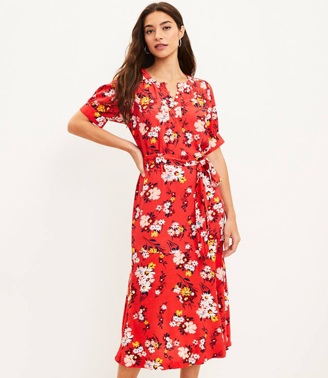 floral puff sleeve midi dress loft