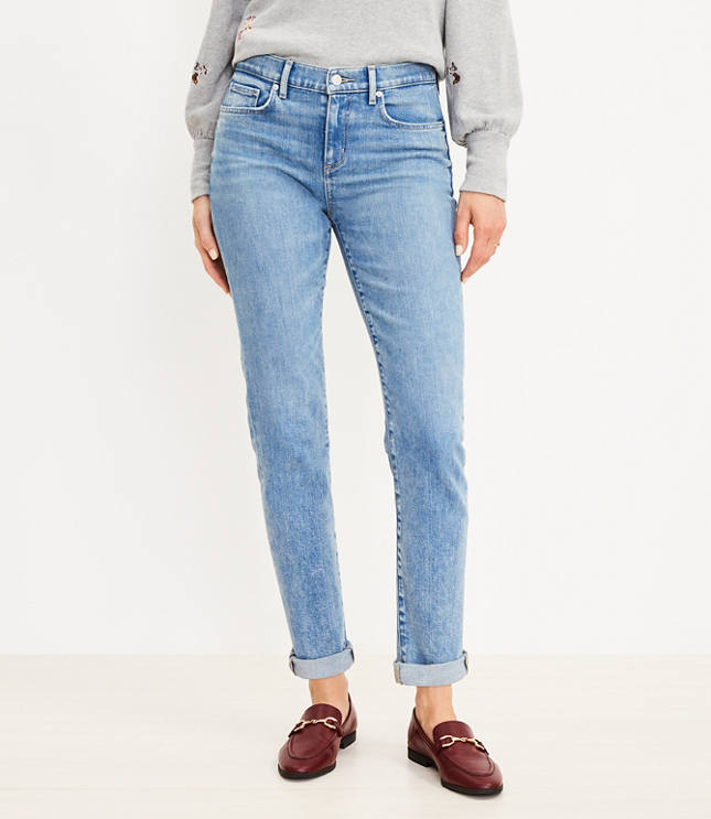 Petite Destructed Super Soft Girlfriend Jeans in Mid Stone Wash