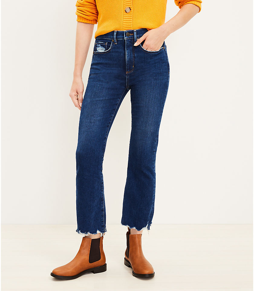 Tall Chewed Hem High Rise Kick Crop Jeans in Destructed Mid Wash