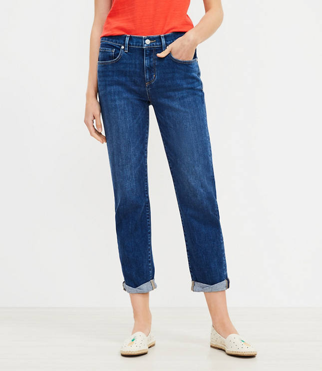 Curvy Super Soft Girlfriend Jeans in Bright Mid Indigo Wash LOFT