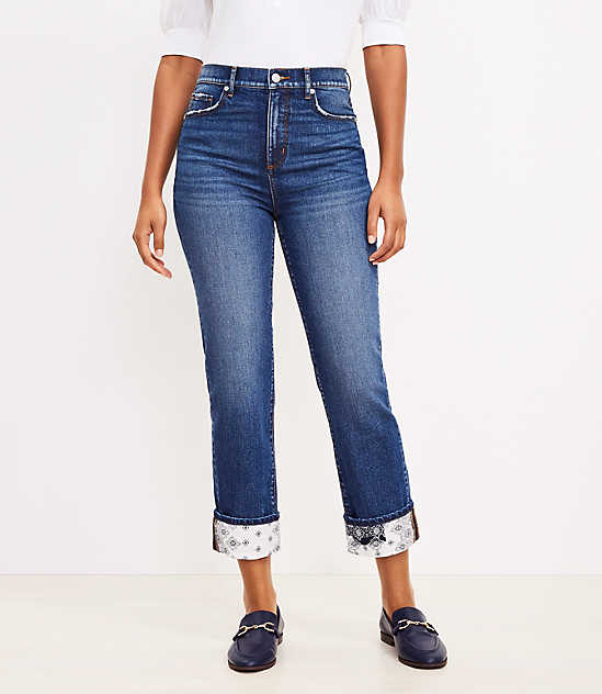 Curvy High Rise Straight Crop Jeans in Patched Mid Indigo Wash