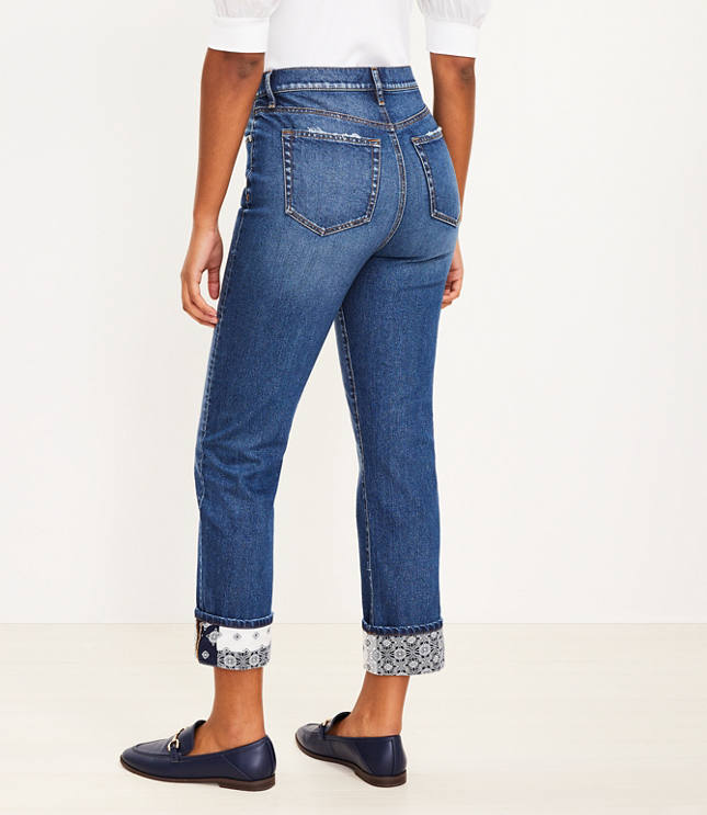 Curvy High Rise Straight Crop Jeans in Patched Mid Indigo Wash
