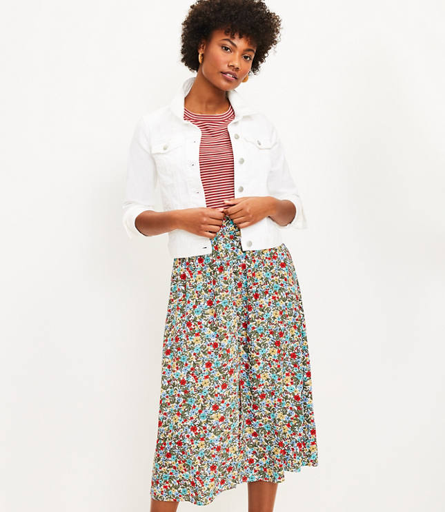 Petite Floral Button Pull On Midi Skirt