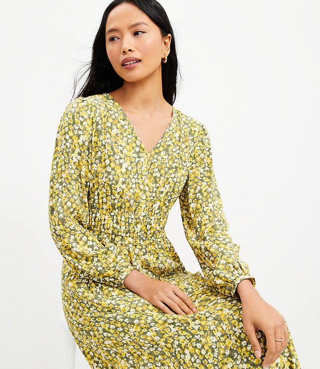 loft floral smocked puff sleeve midi dress