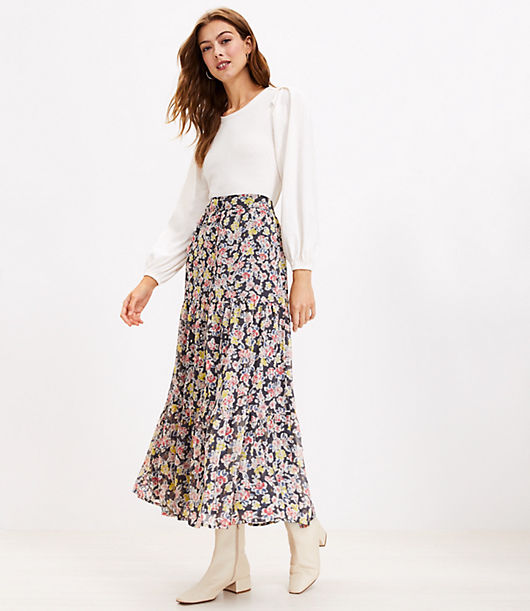 Loft Floral Button Tiered Maxi Skirt