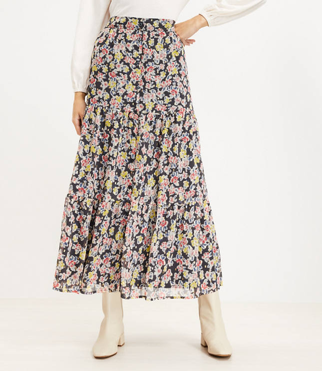 Shimmer Floral Button Tiered Maxi Skirt