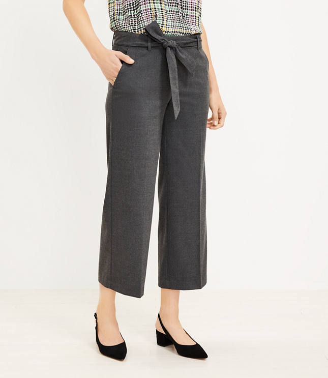 Tall Belted Wide Leg Crop Pants in Herringbone - Charcoal Grey Melange