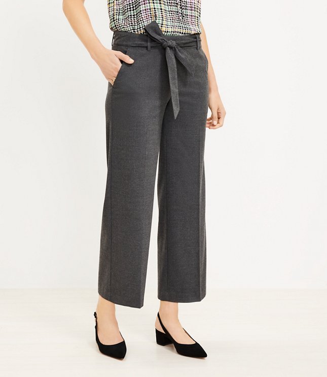 Petite Belted Wide Leg Crop Pants in Herringbone