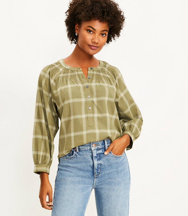 Plaid Smocked Henley Blouse | LOFT