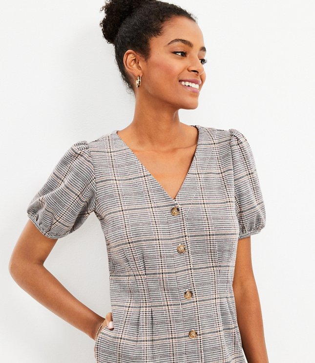 Petite Plaid Puff Sleeve Pocket Dress