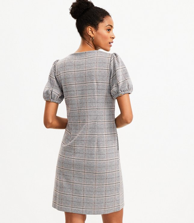 Petite Plaid Puff Sleeve Pocket Dress