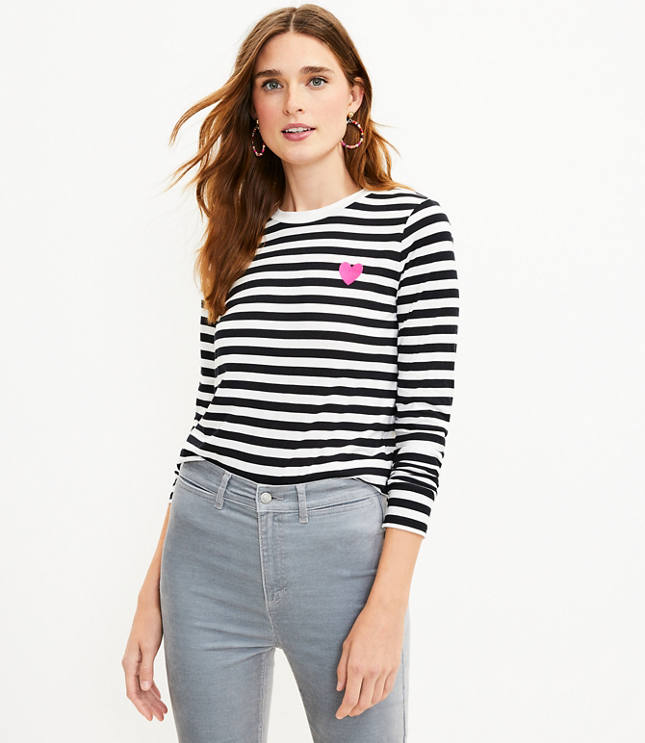 Loft Heart Stripe Long Sleeve Everyday Crew Tee