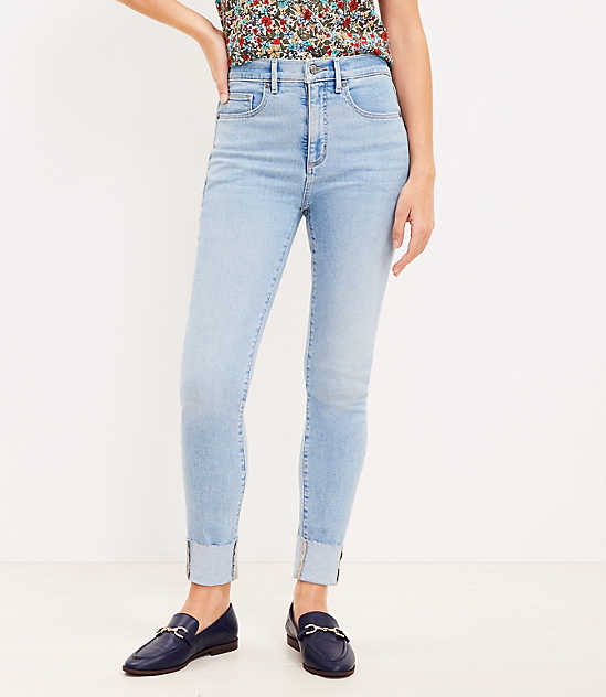 Tall Frayed Cuff Button Front High Rise Skinny Jeans in Light Wash Indigo