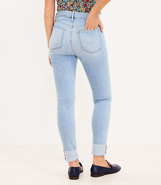 Tall Frayed Cuff Button Front High Rise Skinny Jeans in Light Wash Indigo