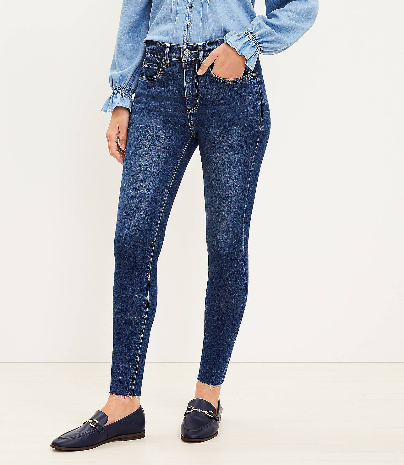 Tall Chewed Hem Mid Rise Skinny Jeans in Authentic Mid Indigo Wash