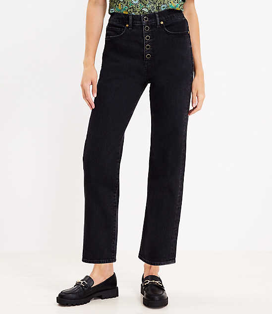 Petite Button Front 90s Straight Jeans in Black