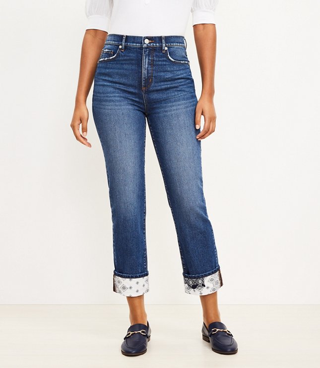 Tall Curvy High Rise Straight Crop Jeans in Patched Mid Indigo Wash