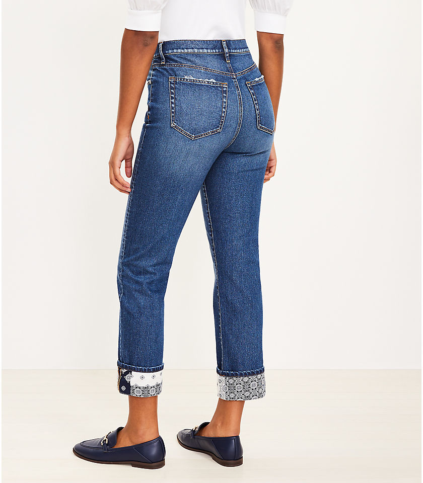 Tall Curvy High Rise Straight Crop Jeans in Patched Mid Indigo Wash