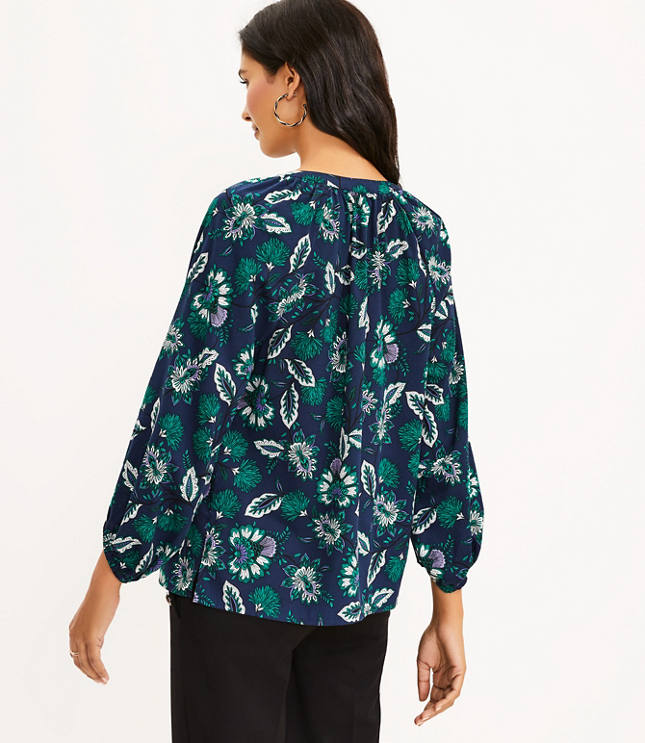 Floral Shirred Tie Neck Blouse