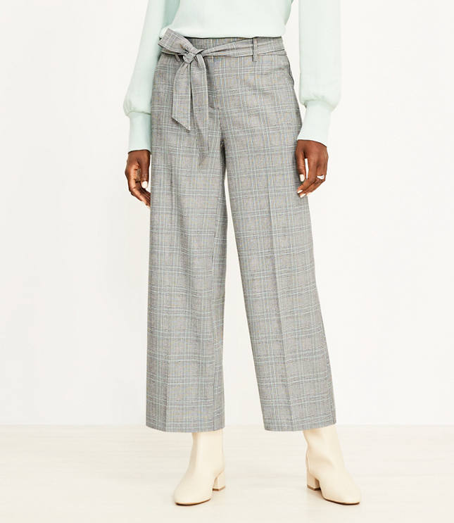 Petite Belted Wide Leg Crop Pants in Plaid