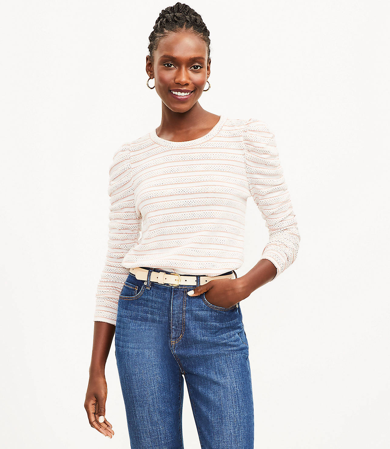 Petite Striped Cinched Sleeve Top