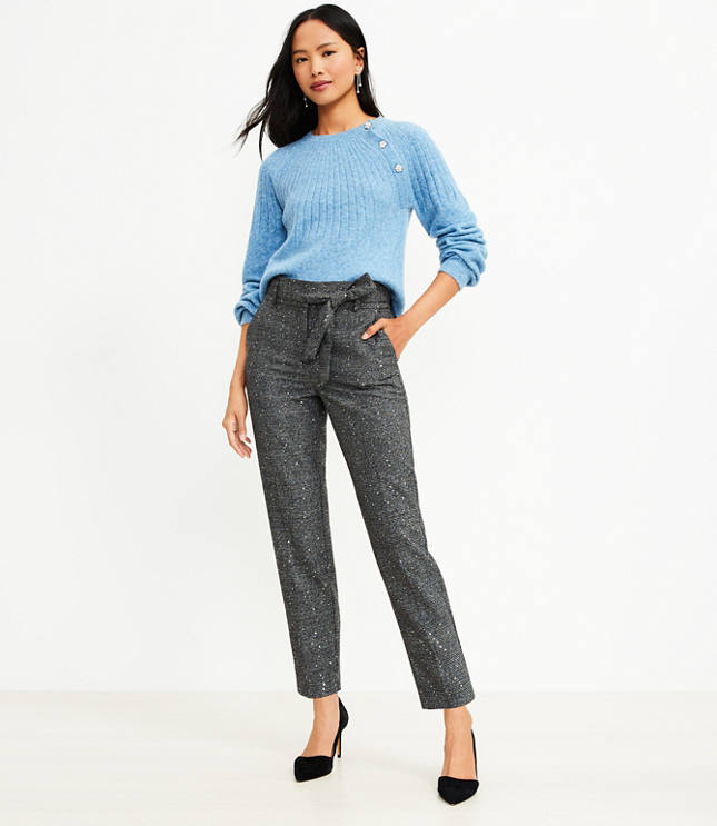 Tie Waist Taper Pants in Sequin Houndstooth